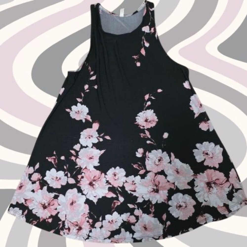 Asymmetrical Black and Pink Tank Top with Floral Design